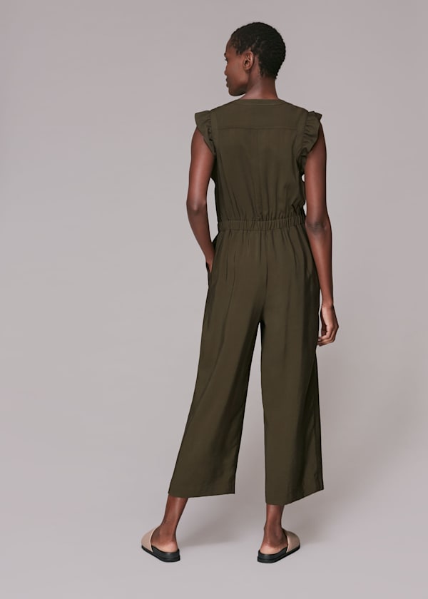 Khaki Frill Sleeve Button Jumpsuit