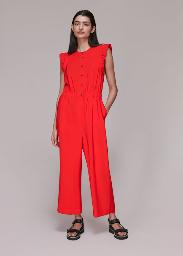 Red Frill Sleeve Button Jumpsuit