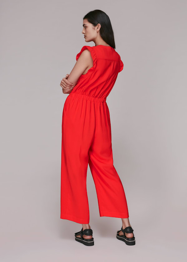 Red Frill Sleeve Button Jumpsuit