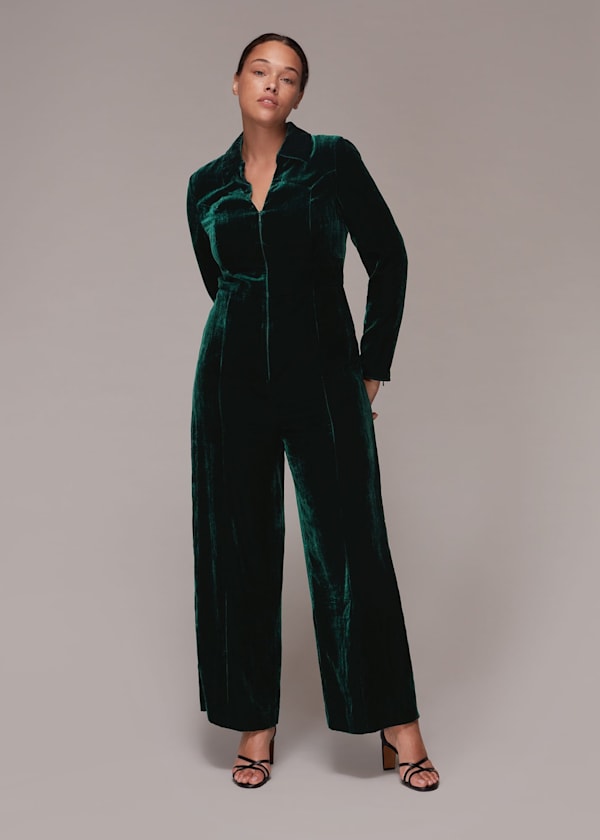 Green Velvet Zip Front Jumpsuit