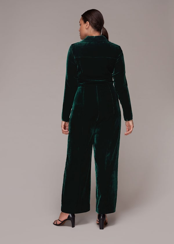 Green Velvet Zip Front Jumpsuit