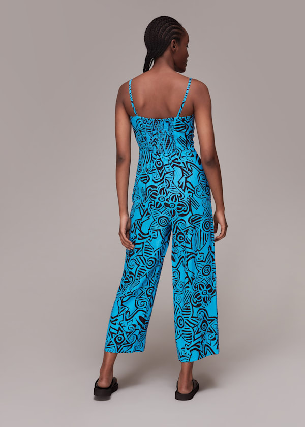 Blue Starflower Print Tie Jumpsuit