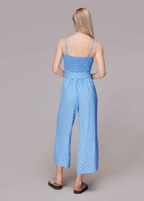 Blue Rounded Leaf Shirred Jumpsuit