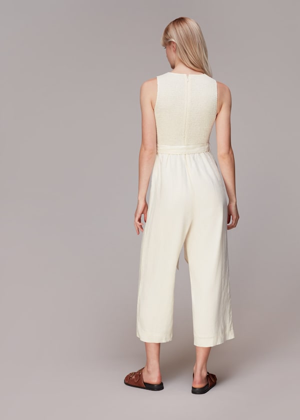 Ivory Shirred Linen Jumpsuit