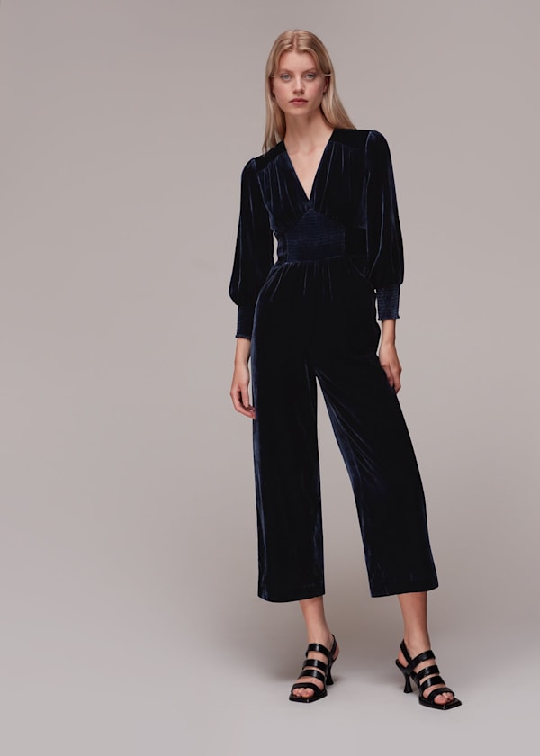 Navy Maisey Shirred Velvet Jumpsuit