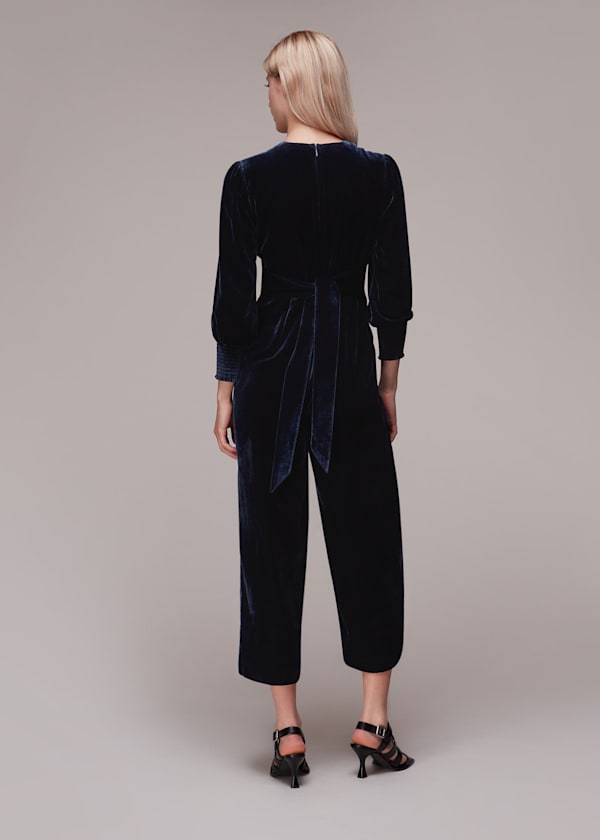 Navy Maisey Shirred Velvet Jumpsuit