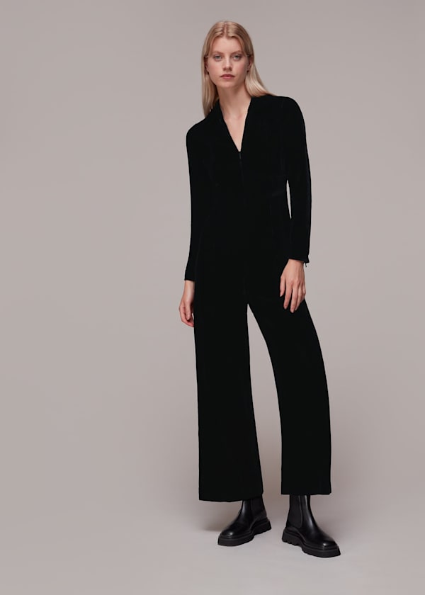 Black Velvet Zip Front Jumpsuit