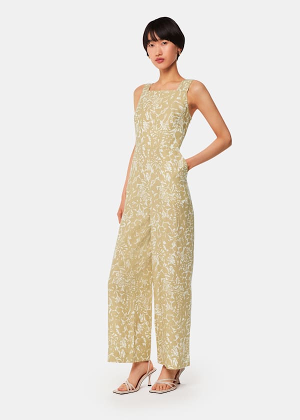 Khaki Tropical Leaves Jumpsuit