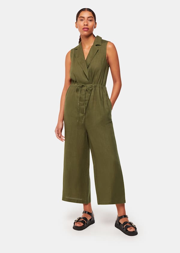 Khaki Bella Linen Wrap Jumpsuit