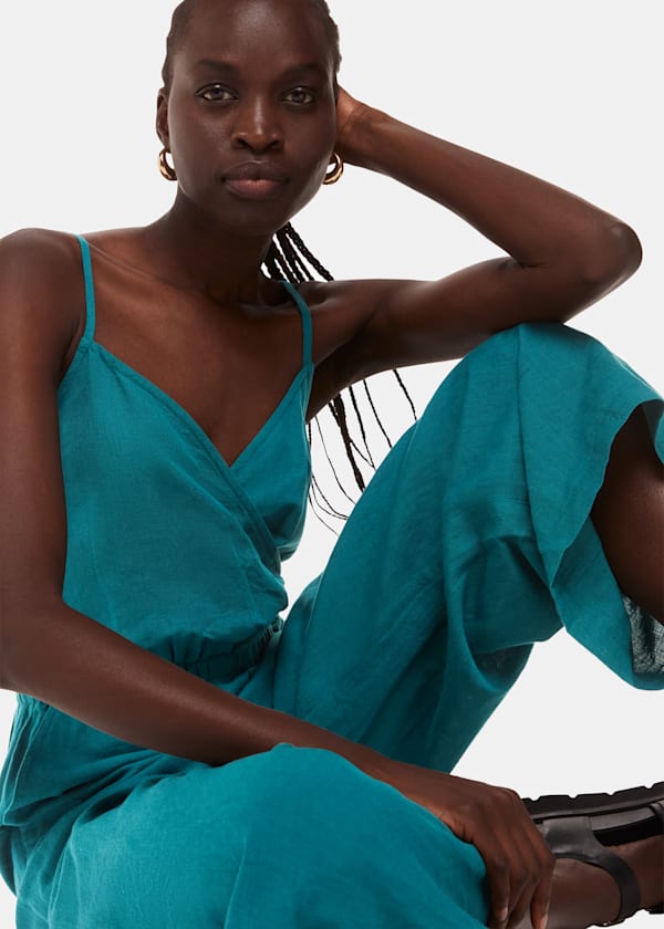 Teal Wrap Linen Blend Jumpsuit