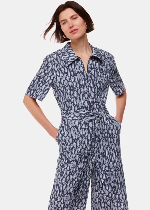 Navy Leopard Linen Blend Jumpsuit