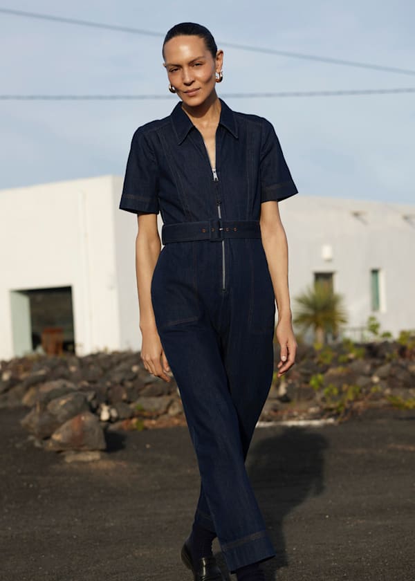 Denim Pintuck Belted Jumpsuit