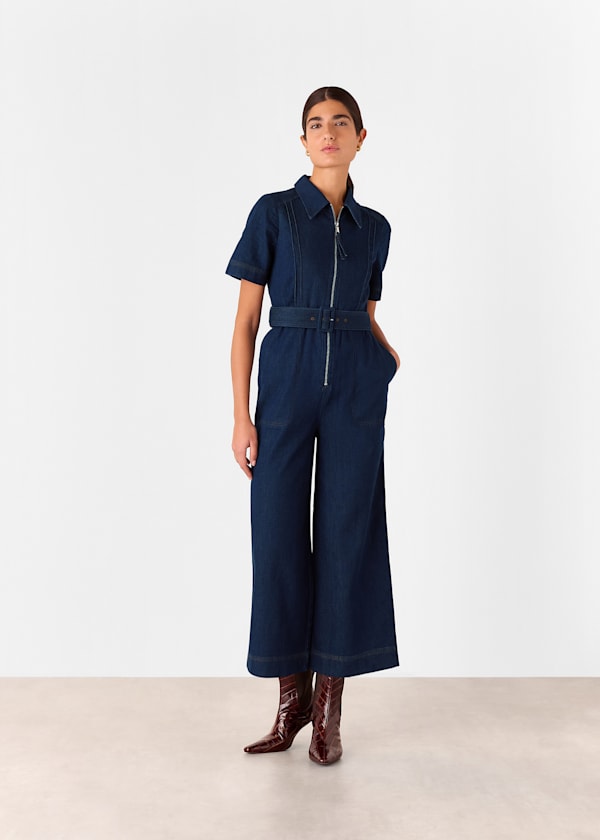 Denim Pintuck Belted Jumpsuit