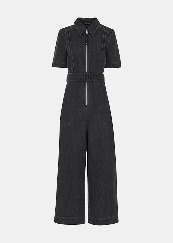 Washed Black Denim Pintuck Belted Jumpsuit