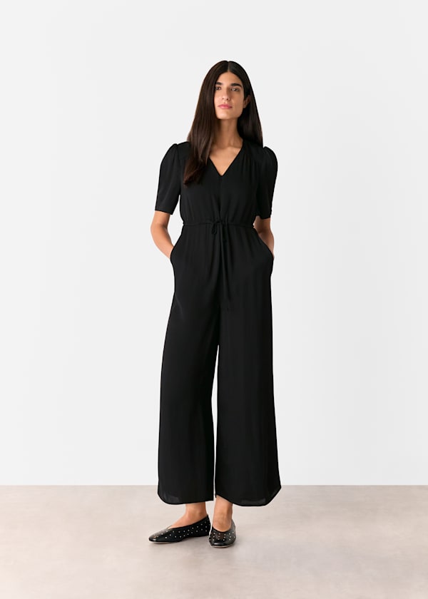 Black Short Sleeve Tie Jumpsuit