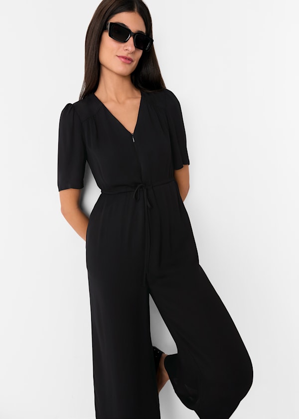 Black Short Sleeve Tie Jumpsuit