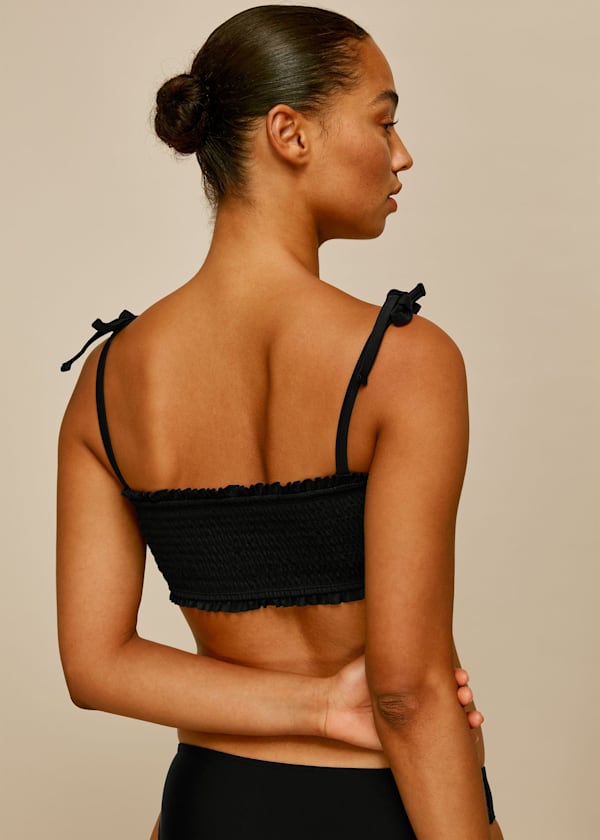 Black Shirred Tie Strap Bikini Top