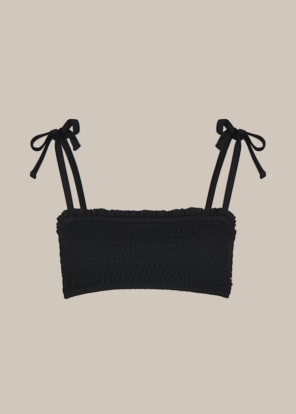 Black Shirred Tie Strap Bikini Top