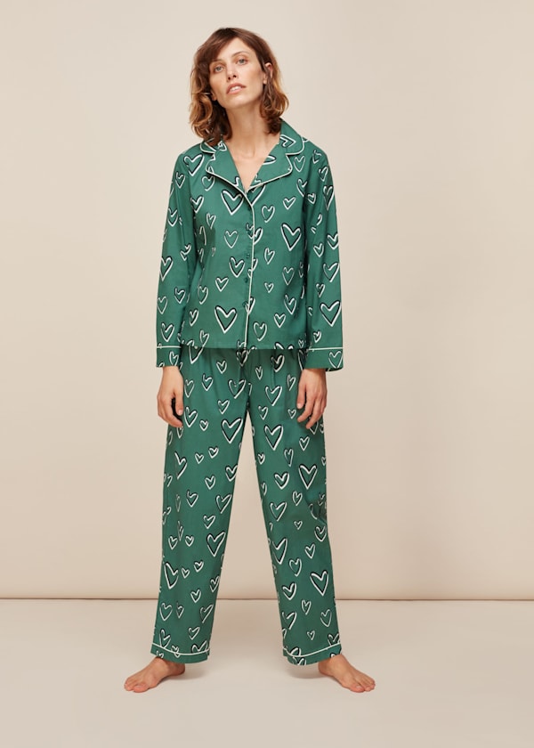 Green Heart Print Cotton Pyjama Set