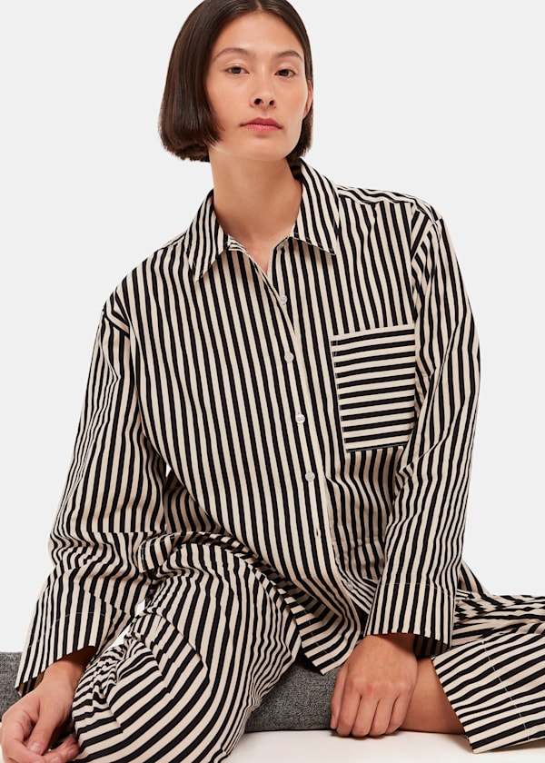 Black Cotton Stripe Pyjama Shirt