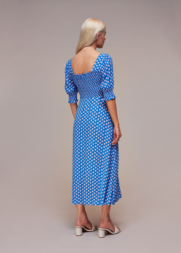 Blue Petite Floral Sunburst Shirred Dress