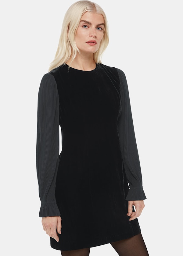 Black Petite Velvet Pleat Sleeve Mini Dress