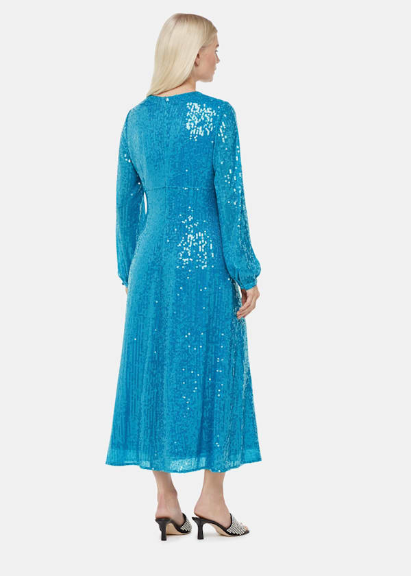 Blue Petite Sequin Keyhole Midi Dress