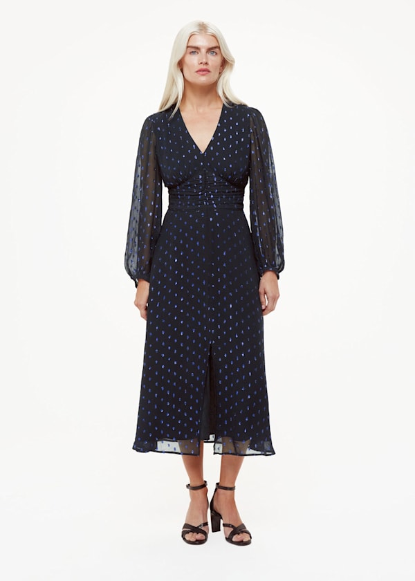 Navy Petite Metallic Dobby Midi Dress