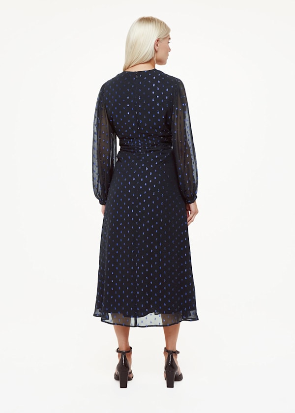 Navy Petite Metallic Dobby Midi Dress