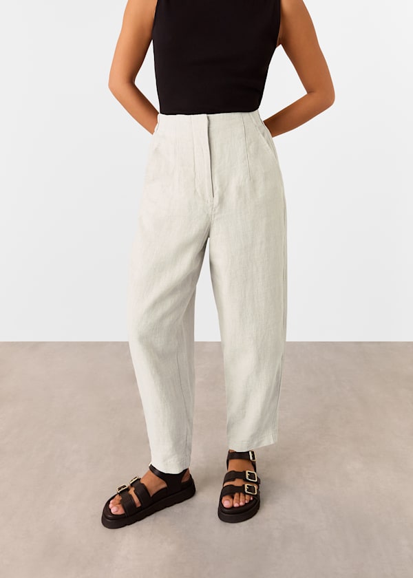 Oatmeal Petite Linen Barrel Leg Trouser