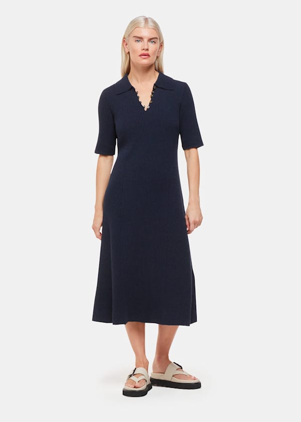 Navy Knitted Ribbed Midi Sweater Dress
