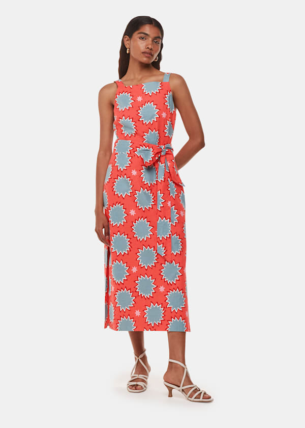 Coral Petite Sunburst Linen Blend Dress