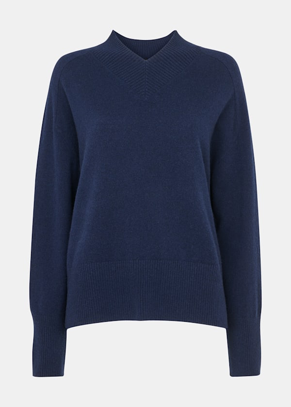 Navy Petite Cashmere V Neck Knit