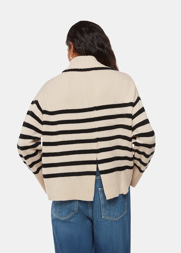 Ivory Petite Stripe Wool Turtleneck Sweater