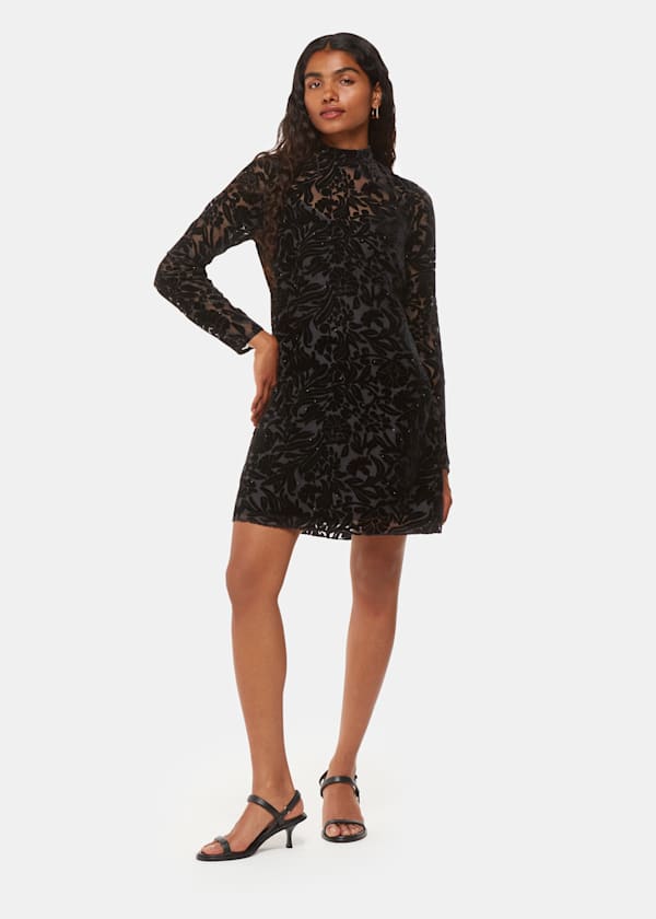 Black Petite Hot Fix Floral Velvet Dress