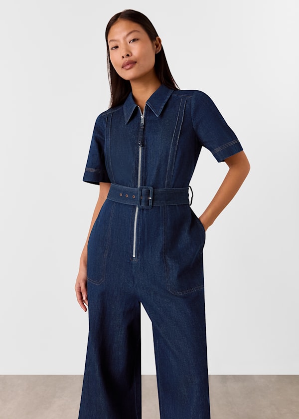 Petite Denim Pintuck Belted Jumpsuit