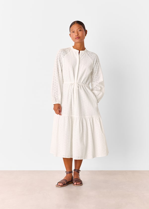 White Petite Broderie Midi Dress