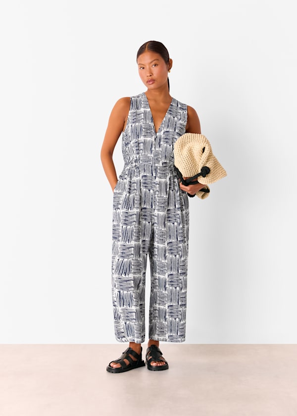 Navy Petite Hatch Squares Jumpsuit