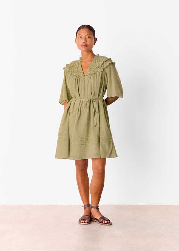 Khaki Petite Cotton Frill Mini Dress