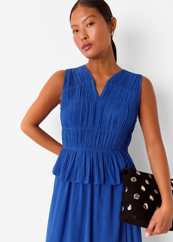Cobalt Blue Petite Shirred V Neck Midi Dress