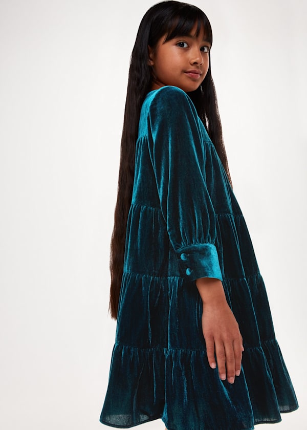 Teal Sawyer Tiered Velvet Dress