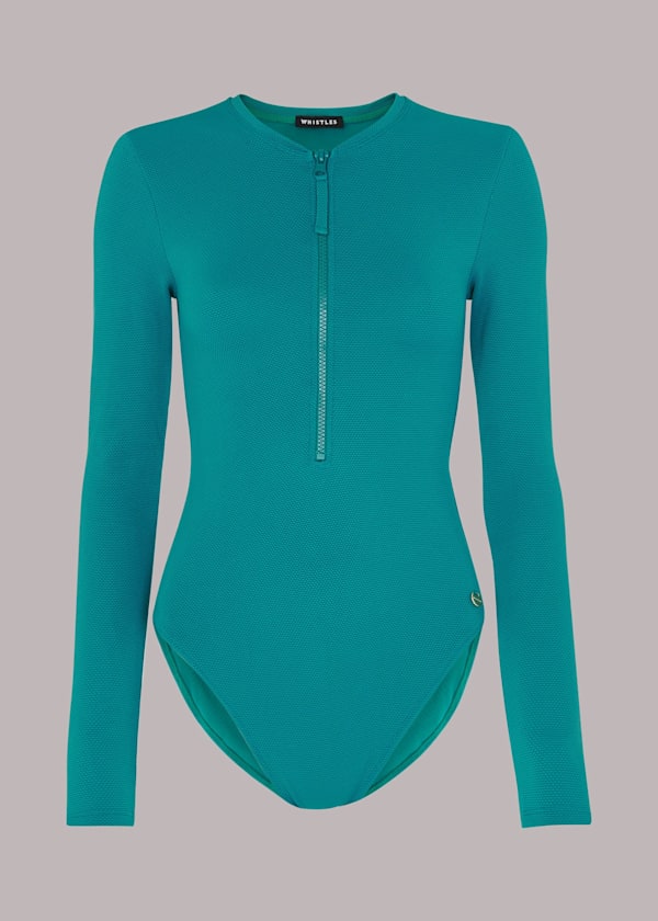Teal Long Sleeve Texture Swimsuit