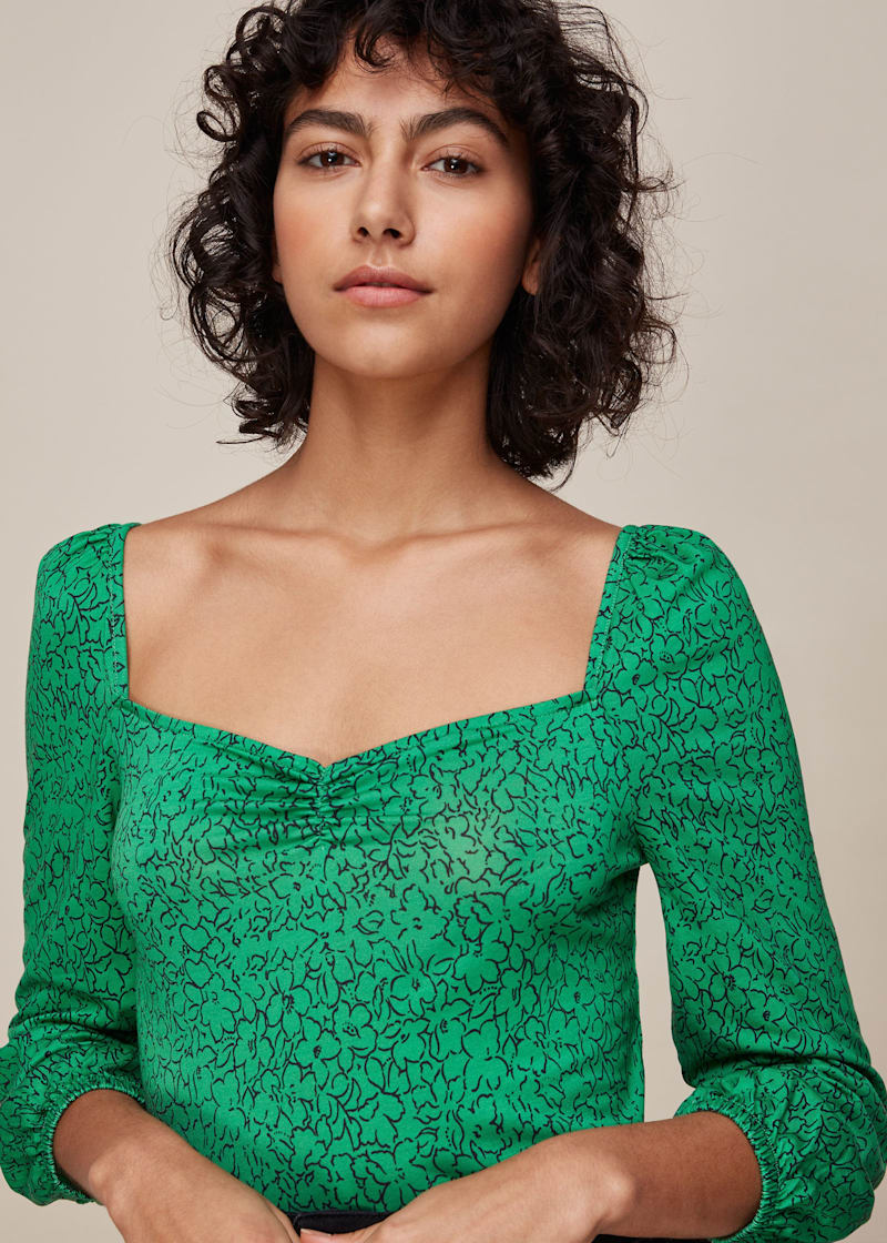Green/Multi Sketched Floral Sweetheart Top | WHISTLES | Whistles UK
