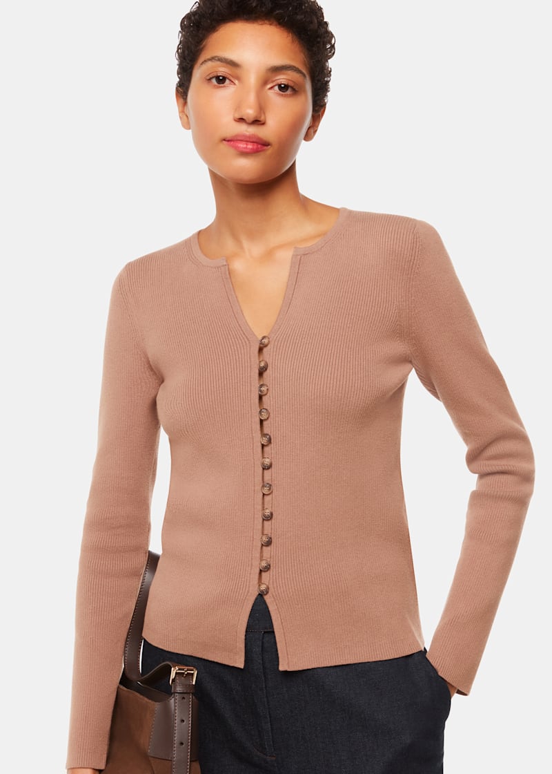 Neutral Ribbed Button Through Cardigan | WHISTLES | Whistles UK